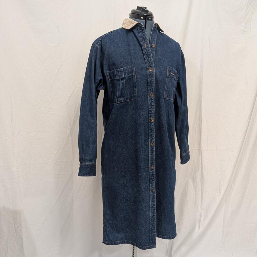 Calvin Klein vintage 100% cotton denim shirt dress with tan corduroy collar sz M